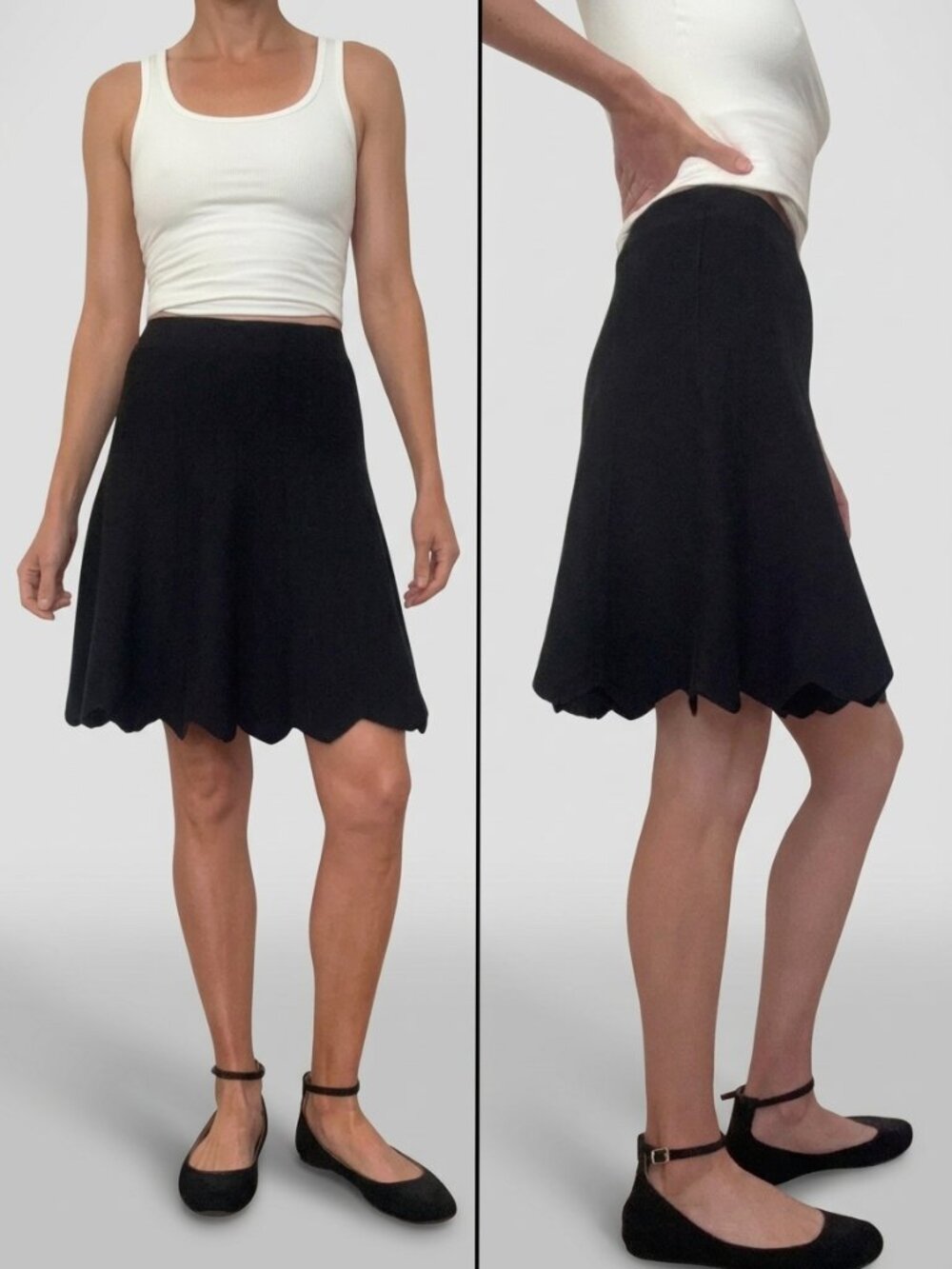 Vila Milano Black Knit Scalloped Hem Skater Skirt